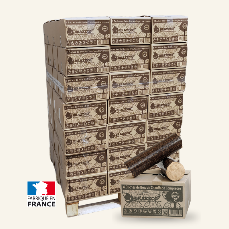 Buches-compressees-de-jour-premium-Brazeco-en-palette-2-1.png Palette Brazeco Premium bois compressé – 80 cartons de 6 bûches – Image 1