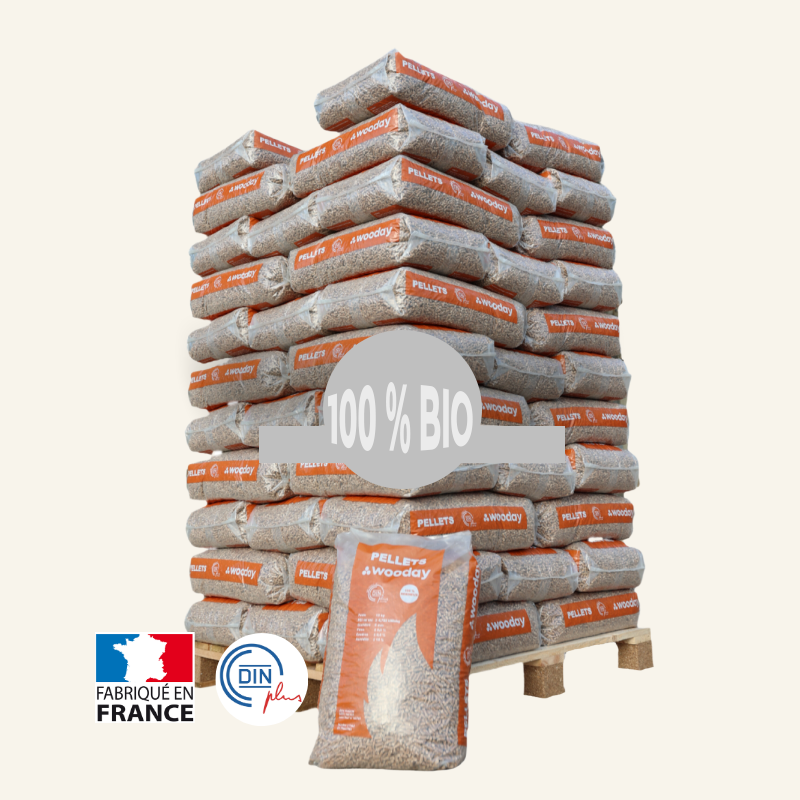 Palette-granules-wooday-1.png Granulés de bois Wooday – Palette de 65 sacs de 15 kg – Image 1
